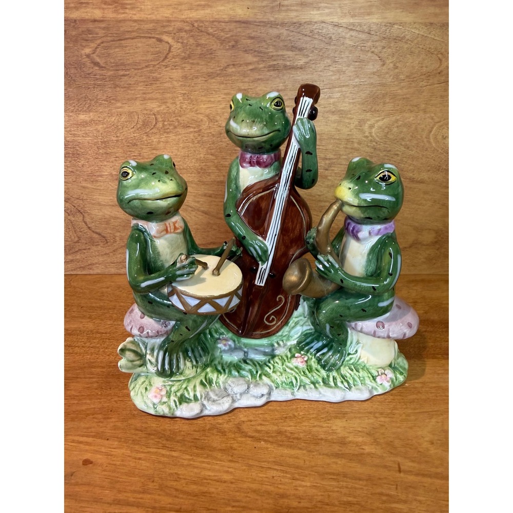 Vintage Lily Pad Lane jazz band, frog trio, ceramic whimsical art retro